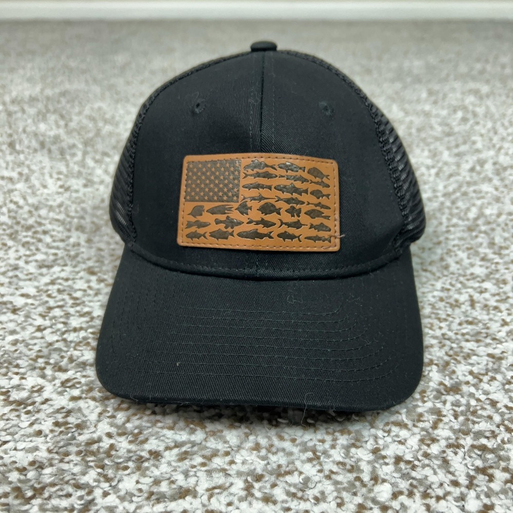 American Flag Fish Leather Patch Hat Cap Snap Back Black Mesh Trucker Mens